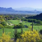 The Gallery at Dove Mountain - View through the valley over the green and fairway of the golf course in Tucson, Arizona with golf homes in the background