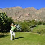 Skyline Country Club - Teeing off from a high tee box with a panoramic view of the mountains and golf homes in the Tucson community